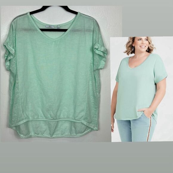 Kaktus Linen Mint Color Mixed Media Hi-Low Hem Short Sleeve Top Size PL - Picture 1 of 9